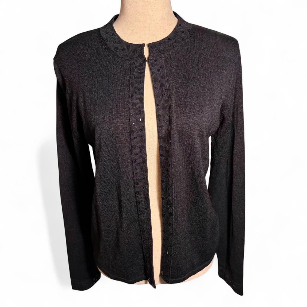 August Silk Knits Black Beaded Silk Cardigan Y2K Sequin Top Clasp Sweater M